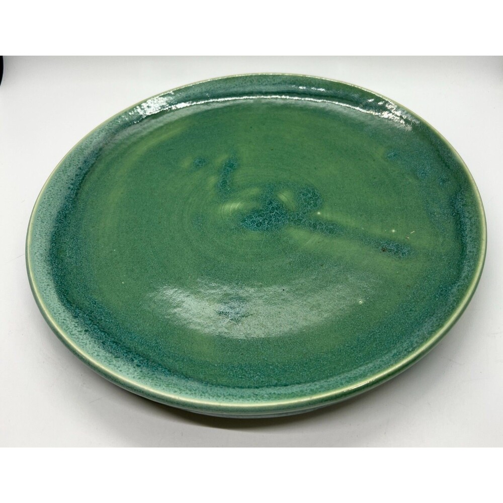 Unmarked Vintage Plate pottery hand made Green Dinner dish 9" candle platter
